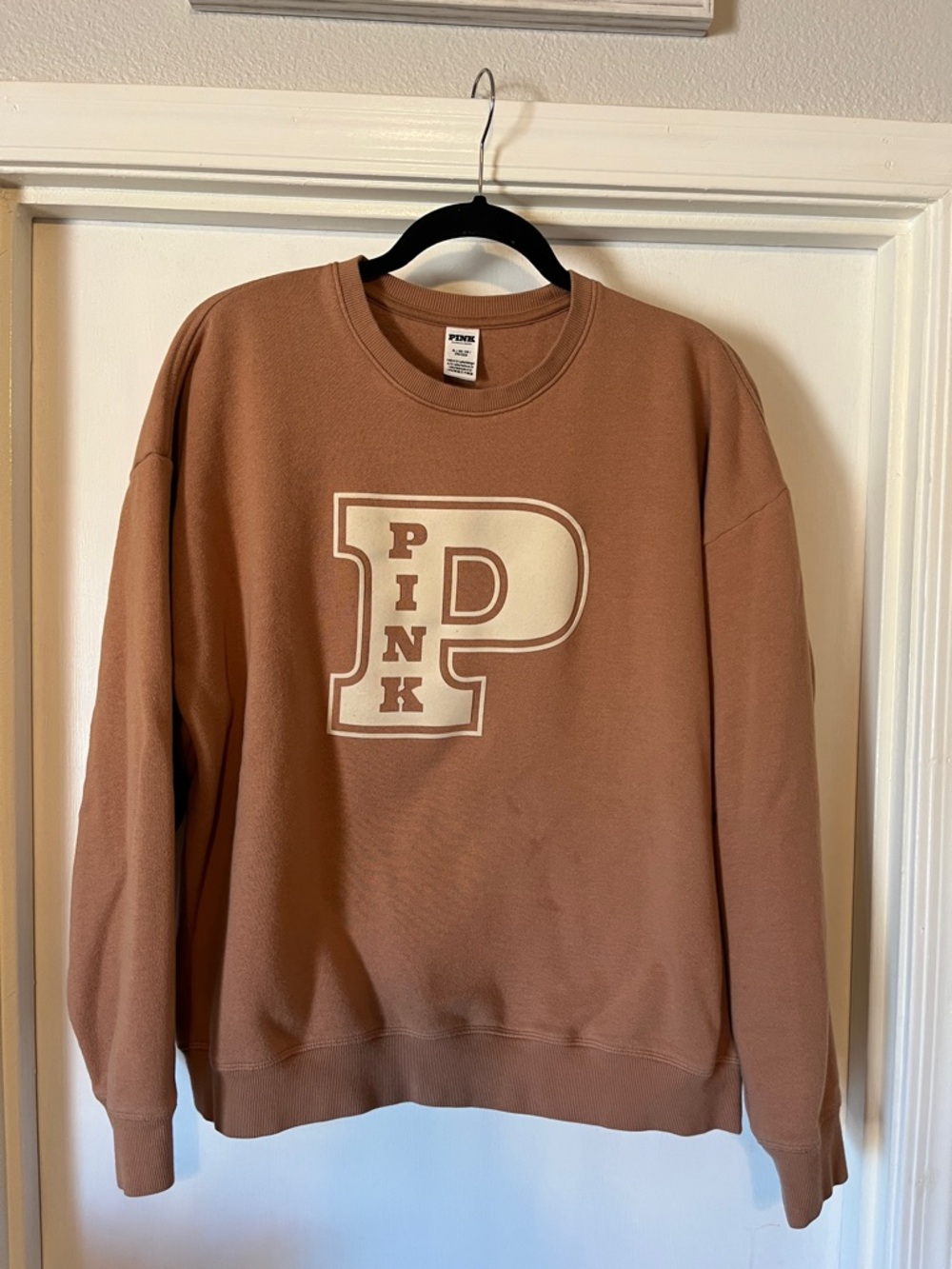 PINK Victoria's Secret Crewneck Sweater in tan/brown with Cream Logo
